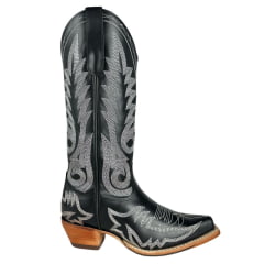 Bota Texana Feminina Goyazes Bico Fino Couro Mustang Preto Bordado Branco Solado Injetado Ref:256803-CC-04