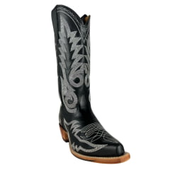 Bota Texana Feminina Goyazes Bico Fino Couro Mustang Preto Bordado Branco Solado Injetado Ref:256803-CC-04