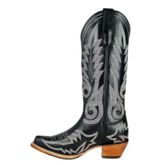 Bota Texana Feminina Goyazes Bico Fino Couro Mustang Preto Bordado Branco Solado Injetado Ref:256803-CC-04
