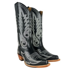 Bota Texana Feminina Goyazes Bico Fino Couro Mustang Preto Bordado Branco Solado Injetado Ref:256803-CC-04