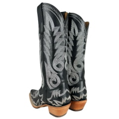 Bota Texana Feminina Goyazes Bico Fino Couro Mustang Preto Bordado Branco Solado Injetado Ref:256803-CC-04