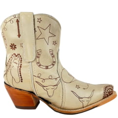 Bota Texana Feminina Goyazes Bico Fino Couro Waco Cano Curto Off White Solado Injetado Ref: 254501-CC