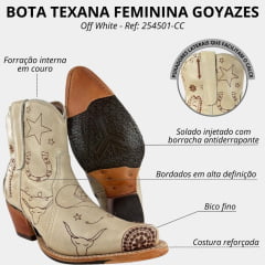 Bota Texana Feminina Goyazes Bico Fino Couro Waco Cano Curto Off White Solado Injetado Ref: 254501-CC