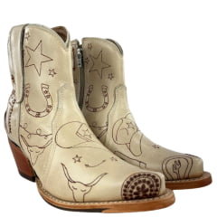Bota Texana Feminina Goyazes Bico Fino Couro Waco Cano Curto Off White Solado Injetado Ref: 254501-CC
