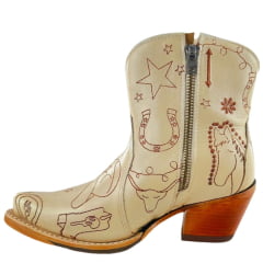 Bota Texana Feminina Goyazes Bico Fino Couro Waco Cano Curto Off White Solado Injetado Ref: 254501-CC