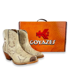 Bota Texana Feminina Goyazes Bico Fino Couro Waco Cano Curto Off White Solado Injetado Ref: 254501-CC