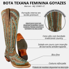 Bota Texana Feminina Goyazes Bico Fino Fashion Couro Dallas Marrom Cano Alto Bordado Solado Injetado Ref:259801-CC