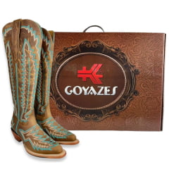 Bota Texana Feminina Goyazes Bico Fino Fashion Couro Dallas Marrom Cano Alto Bordado Solado Injetado Ref:259801-CC