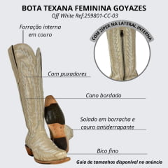 Bota Texana Feminina Goyazes Bico Fino Faschion Couro Waco Off White Com Bordado Ref:259801-CC-03