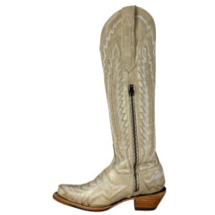 Bota Texana Feminina Goyazes Bico Fino Faschion Couro Waco Off White Com Bordado Ref:259801-CC-03