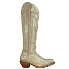 Bota Texana Feminina Goyazes Bico Fino Faschion Couro Waco Off White Com Bordado Ref:259801-CC-03