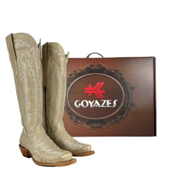 Bota Texana Feminina Goyazes Bico Fino Faschion Couro Waco Off White Com Bordado Ref:259801-CC-03