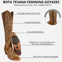 Bota Texana Feminina Goyazes Bico Fino Waterproof Cano Alto Couro Nobuck Mel Ref: 269806-CHC-07