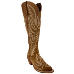 Bota Texana Feminina Goyazes Bico Fino Waterproof Cano Alto Couro Nobuck Mel Ref: 269806-CHC-07