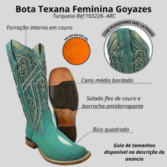 Bota Texana Feminina Goyazes Bico Quadrado Couro Arraia Turquesa Flex Metal Azul Ref:193226- ARC