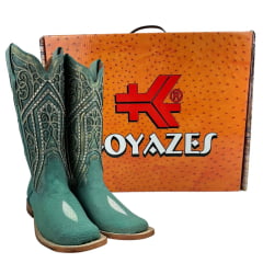 Bota Texana Feminina Goyazes Bico Quadrado Couro Arraia Turquesa Flex Metal Azul Ref:193226- ARC