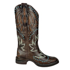 Bota Texana Feminina Goyazes Bico Quadrado Couro Atlanta Café Bordado Solado Jump Ref: 243206-CJ