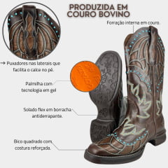 Bota Texana Feminina Goyazes Bico Quadrado Couro Atlanta Café Bordado Solado Jump Ref: 243206-CJ