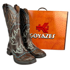 Bota Texana Feminina Goyazes Bico Quadrado Couro Atlanta Café Bordado Solado Jump Ref: 243206-CJ