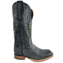Bota Texana Feminina Goyazes Bico Quadrado Couro Barriga De Jacaré Grafite Bordado Com Tachinhas Ref: 263204-JC-08