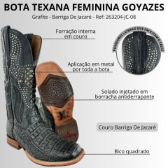 Bota Texana Feminina Goyazes Bico Quadrado Couro Barriga De Jacaré Grafite Bordado Com Tachinhas Ref: 263204-JC-08
