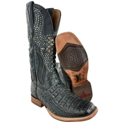 Bota Texana Feminina Goyazes Bico Quadrado Couro Barriga De Jacaré Grafite Bordado Com Tachinhas Ref: 263204-JC-08