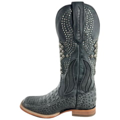 Bota Texana Feminina Goyazes Bico Quadrado Couro Barriga De Jacaré Grafite Bordado Com Tachinhas Ref: 263204-JC-08
