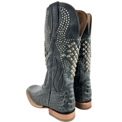 Bota Texana Feminina Goyazes Bico Quadrado Couro Barriga De Jacaré Grafite Bordado Com Tachinhas Ref: 263204-JC-08