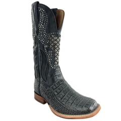 Bota Texana Feminina Goyazes Bico Quadrado Couro Barriga De Jacaré Grafite Bordado Com Tachinhas Ref: 263204-JC-08