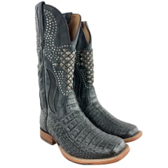 Bota Texana Feminina Goyazes Bico Quadrado Couro Barriga De Jacaré Grafite Bordado Com Tachinhas Ref: 263204-JC-08