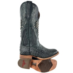 Bota Texana Feminina Goyazes Bico Quadrado Couro Barriga De Jacaré Grafite Bordado Com Tachinhas Ref: 263204-JC-08