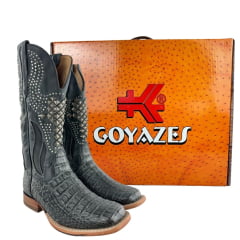 Bota Texana Feminina Goyazes Bico Quadrado Couro Barriga De Jacaré Grafite Bordado Com Tachinhas Ref: 263204-JC-08
