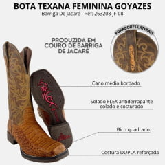 Bota Texana Feminina Goyazes Bico Quadrado Couro Barriga De Jacaré Havana Dallas Ocre Ref: 263208-JF-08