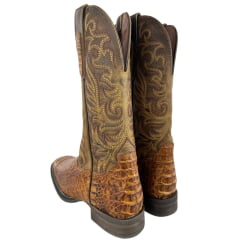 Bota Texana Feminina Goyazes Bico Quadrado Couro Barriga De Jacaré Havana Dallas Ocre Ref: 263208-JF-08