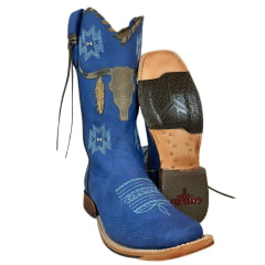 Bota Texana Feminina Goyazes Bico Quadrado Couro Bufalo Marinho Royal Com Bordado Azul Claro Ref:203260-CC-04