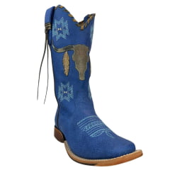 Bota Texana Feminina Goyazes Bico Quadrado Couro Bufalo Marinho Royal Com Bordado Azul Claro Ref:203260-CC-04
