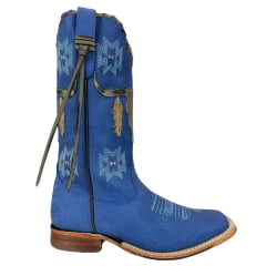 Bota Texana Feminina Goyazes Bico Quadrado Couro Bufalo Marinho Royal Com Bordado Azul Claro Ref:203260-CC-04