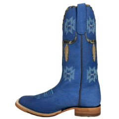 Bota Texana Feminina Goyazes Bico Quadrado Couro Bufalo Marinho Royal Com Bordado Azul Claro Ref:203260-CC-04