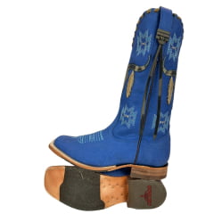 Bota Texana Feminina Goyazes Bico Quadrado Couro Bufalo Marinho Royal Com Bordado Azul Claro Ref:203260-CC-04