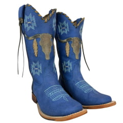 Bota Texana Feminina Goyazes Bico Quadrado Couro Bufalo Marinho Royal Com Bordado Azul Claro Ref:203260-CC-04