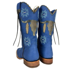 Bota Texana Feminina Goyazes Bico Quadrado Couro Bufalo Marinho Royal Com Bordado Azul Claro Ref:203260-CC-04