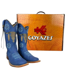Bota Texana Feminina Goyazes Bico Quadrado Couro Bufalo Marinho Royal Com Bordado Azul Claro Ref:203260-CC-04