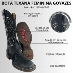 Bota Texana Feminina Goyazes Bico Quadrado Couro Dallas Preto Bordado E Tachinhas Ref:263203-CF-03