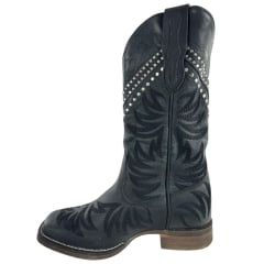Bota Texana Feminina Goyazes Bico Quadrado Couro Dallas Preto Bordado E Tachinhas Ref:263203-CF-03