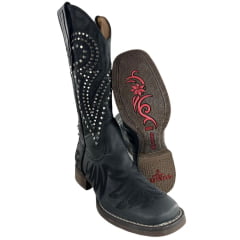 Bota Texana Feminina Goyazes Bico Quadrado Couro Dallas Preto Bordado E Tachinhas Ref:263203-CF-03