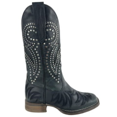 Bota Texana Feminina Goyazes Bico Quadrado Couro Dallas Preto Bordado E Tachinhas Ref:263203-CF-03