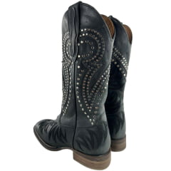 Bota Texana Feminina Goyazes Bico Quadrado Couro Dallas Preto Bordado E Tachinhas Ref:263203-CF-03