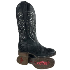 Bota Texana Feminina Goyazes Bico Quadrado Couro Dallas Preto Bordado E Tachinhas Ref:263203-CF-03