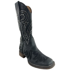 Bota Texana Feminina Goyazes Bico Quadrado Couro Dallas Preto Bordado E Tachinhas Ref:263203-CF-03