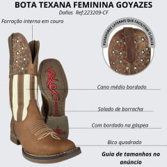Bota Texana Feminina Goyazes Bico Quadrado Couro Dallas Solado Flex Cano Bordado Estrelas Ref:223209-CF